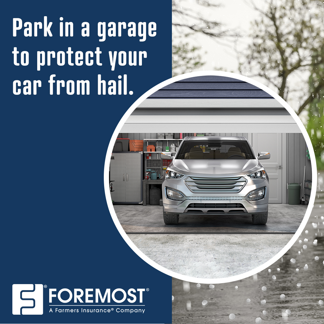 “Park in a garage to protect your car from hail” text on top of an image of a vehicle in a garage.